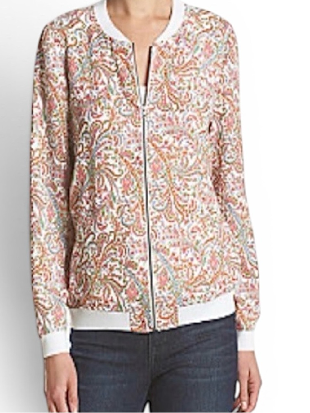 Size PL,PXL Ruff Hewn White Paisley Zip-Front Bomber Jacket w/ Colorful Accents
